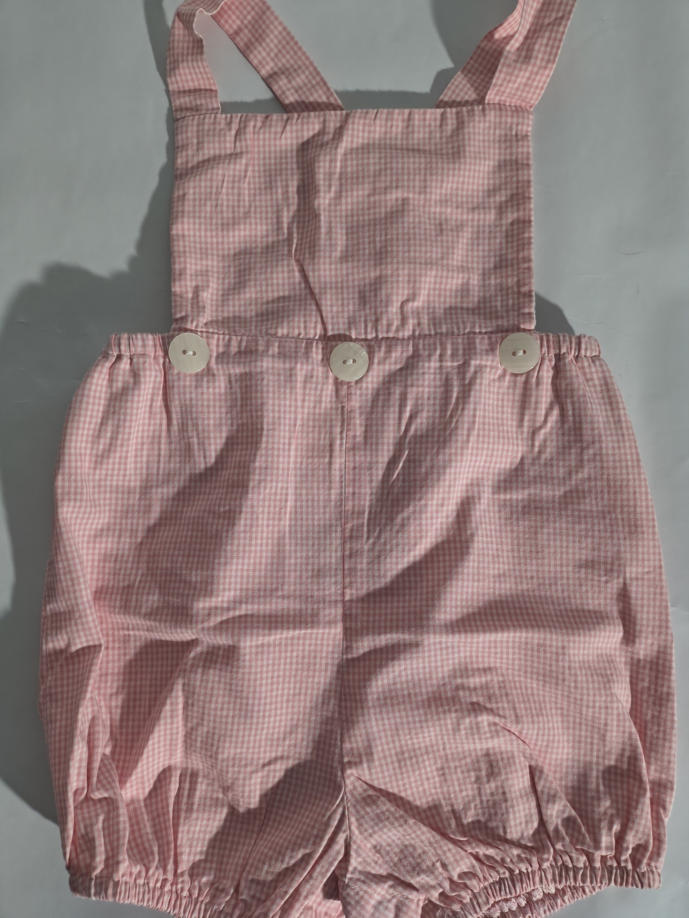 Classic Pink Gingham Bubble Romper with Buttoned Straps